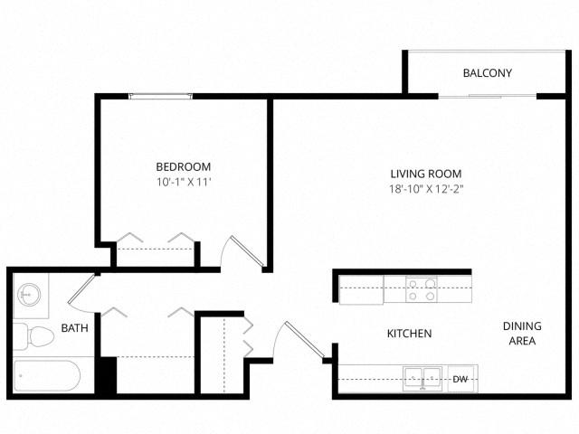 Floor plan for 1 bed, 1 bath, 800 sqft